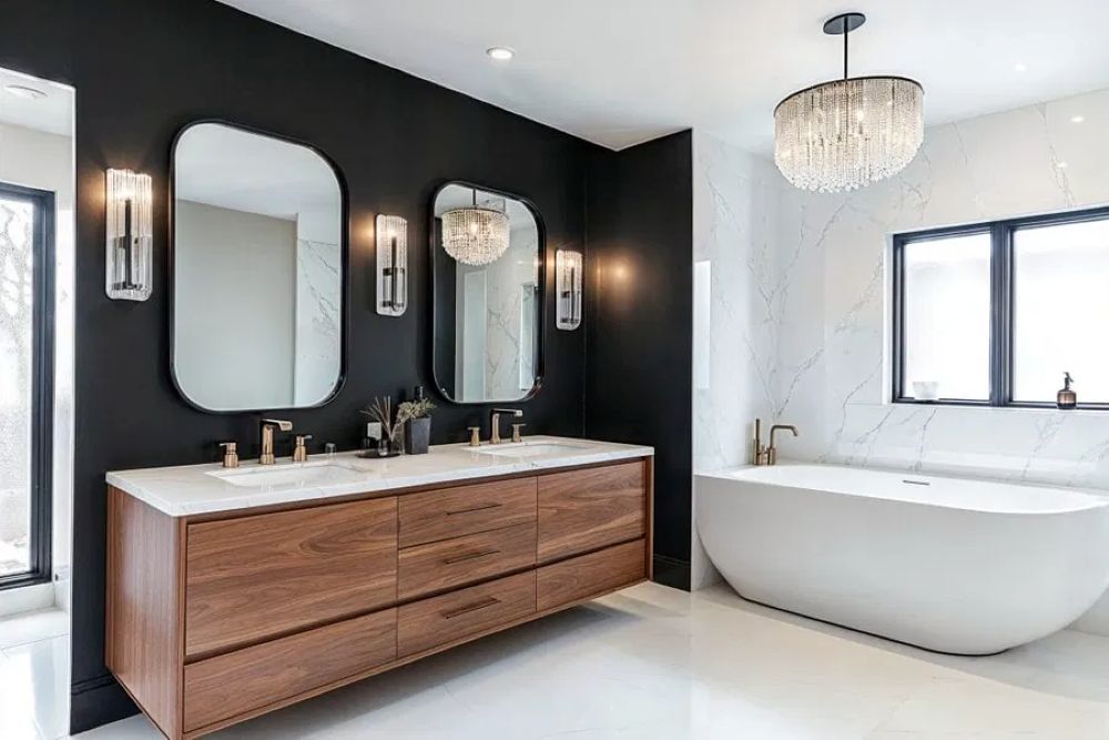Bathroom remodeling Austin featuring wood double vanity, marble walls, and large tub in a renovated bathroom