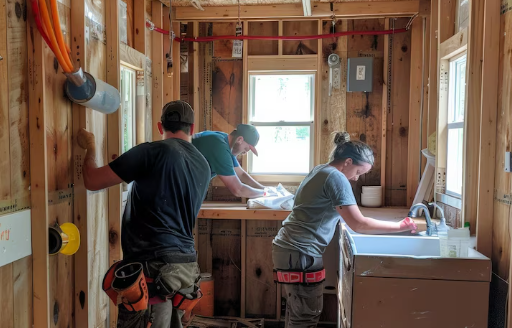 Austin tx kitchen remodeling featuring a crew working on a kitchen remodel with exposed framing and abundant natural light
