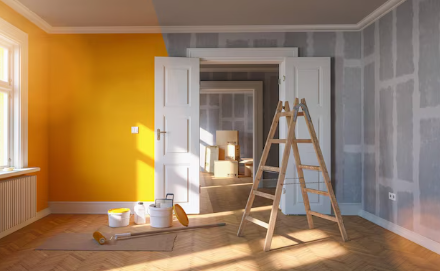 Home remodeling company austin showcasing a room remodel in progress with painting supplies, ladder, and newly painted wall