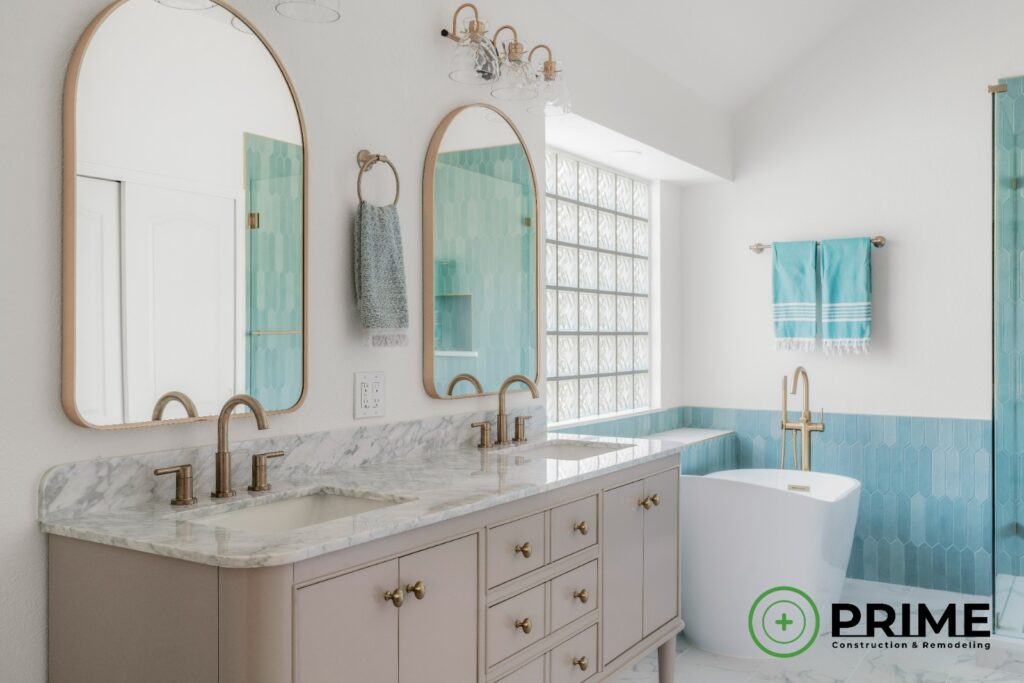 Bathroom remodeling Austin TX featuring complete renovation of vanity and tub area with modern fixtures and custom finishes
